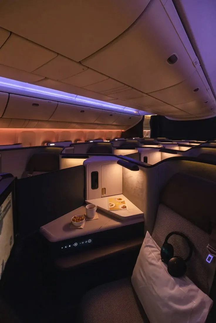 Business class cabin at night